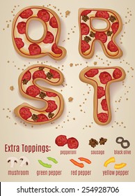 Vector Pizza alphabet.  Hand drawn letters made to look like pizza letters Q through T