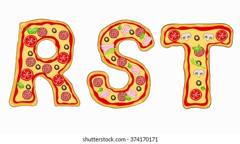 Vector Pizza alphabet .Letters R,S,T.Hand drawn letters are made of different varieties of pizza.