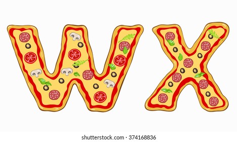 Vector Pizza alphabet .Letters W,X.Hand drawn letters are made of different varieties of pizza.