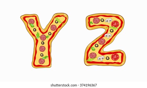 Vector Pizza alphabet .Letters Y,Z.Hand drawn letters are made of different varieties of pizza.