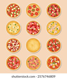 Vector Pizza: Appetizing Illustration for Ads and Posters. Set of pizzas - stickers