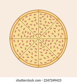 Vector pizza with bacon toppings, eight slices, divider cutting lines and yellow cheese background.
