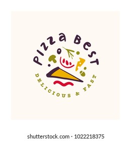 Vector pizza bar logo design isolated on white background. Fast food icon hand drawn - pizza symbol. Good for cafe, fast food service insignia, banner, advertising.