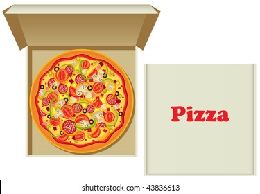 Vector pizza in box and a cardboard pizza box