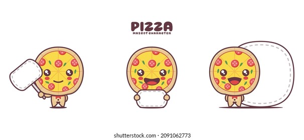 vector pizza cartoon mascot, with blank board banner, isolated on a white background.