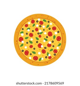 Vector pizza with cheese and sauce. Delicious Italian pizza with tomatoes, olives, mozzarella and basil. Isolated on a white background.