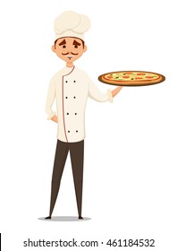 Vector pizza chef holding pizza. vector illustration.  fun, cartoon