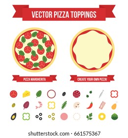 Vector Pizza Constructor - Create Your Own Pizza (Pizza Toppings: vegetables, meat, seafood)