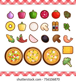 Vector - Pizza constructor flat icons isolated on white background. Pizza ingredient food menu illustration isolated collection isolated on white. Different vegan meat seafood