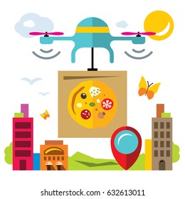 Vector Pizza delivery drone. Flat style colorful Cartoon illustration.