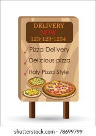 Vector pizza delivery. Pizzeria with board for menu
