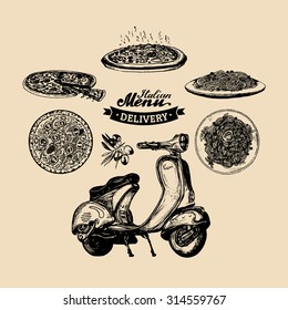 Vector pizza delivery scooter. Hand sketched retro motorroller with italian food  illustration. Typographic advertising poster, banner.