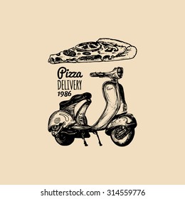 Vector pizza delivery scooter. Hand sketched retro motorroller with italian food  illustration. Typographic advertising poster, banner.