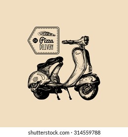 Vector pizza delivery scooter. Hand sketched retro motorroller with italian food  illustration. Typographic advertising poster, banner.