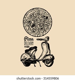 Vector pizza delivery scooter. Hand sketched retro motorroller with italian food  illustration. Typographic advertising poster, banner.