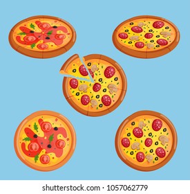 Vector pizza flat food collection isolated illustration piece slice. Pizzeria food menu product on white background, pepperoni, margarita italian pizza ingredients