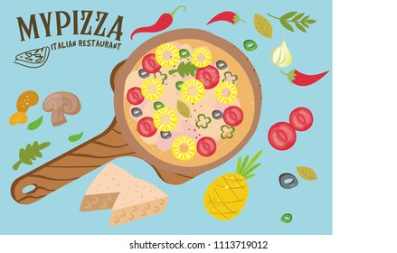 Vector pizza hawai set in flat style. Pizza ingredients, mushrooms, tomatoes, pepperoni, pepper, basil leaves, olive, vegetables, salami, Sausage
parsley,chesse,onion,pinepple. 