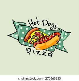 vector pizza and hot dogs on the tape on a light background image