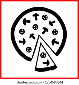 Vector pizza icon isolated on white background. Round pizza with mushrooms and sausage. Black silhouette, drawing, illustration, flat symbol.