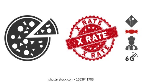 Vector pizza icon and rubber round stamp seal with X Rate phrase. Flat pizza icon is isolated on a white background. X Rate stamp seal uses red color and rubber surface. Bonus icons are added.