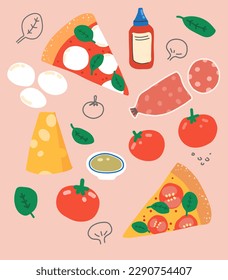 Vector pizza illustration. Ingredients for pizza margherita with mozzarella and pepperoni

