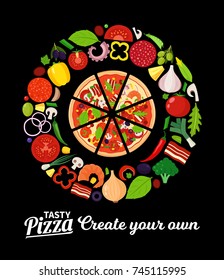 Vector pizza illustration with many ingredients on a black background