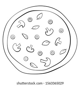 vector pizza illustration. one black and white pizza with mushrooms, olives and basil. tasty vegan pizza illustration. isolated on the white background