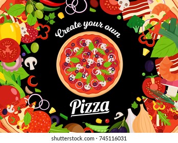 Vector pizza illustration with slices and many ingredients