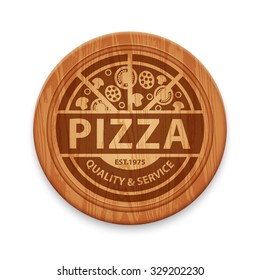 Vector pizza label on wooden round cutting board, design template for restaurant