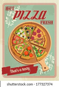 Vector Pizza Label or Poster - Design Template. Pizza design menu. Poster with pizza and a slice of pizza