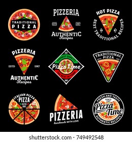 Vector pizza logo, icons and design elements for pizzeria, fast food restaurant, menu, packaging, branding and identity