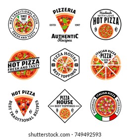 Vector pizza logo, icons and design elements for pizzeria, fast food restaurant, menu, packaging, branding and identity
