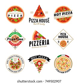 Vector pizza logo, icons and design elements for pizzeria, fast food restaurant, menu, packaging, branding and identity