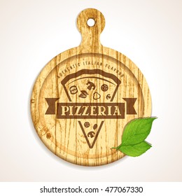 vector pizza logo template of pizzeria on wood cutting board cut classic white fast rapid real texture italy isolated abstract background scene food wood space fresh sign delicious wooden business car