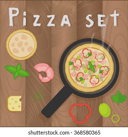 Vector pizza marinara set on wooden background in flat style. Pizza ingredients, shrimps, pepper, basil, olive, vegetables, cheese, parsley, dill, frutti di mare. Design for menu, brochures. 