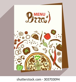 Vector pizza menu. Hand drawn pizza, hot pepper, sweet pepper, garlic, cheese, onion, tomato, mushrooms, and the word "pizza".