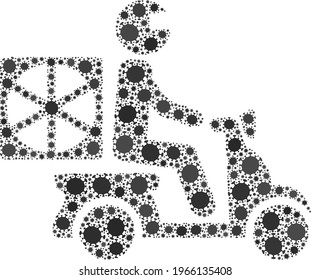Vector pizza motorbike delivery covid-2019 mosaic icon constructed for lockdown illustrations. Pizza motorbike delivery mosaic is done from random covid pathogen parts.
