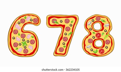 Vector Pizza numeral.Hand drawn numeral made to look like pizza.Numeral 6,7,8