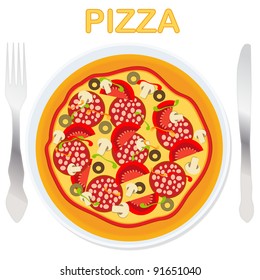 Vector pizza on a plate with fork and knife