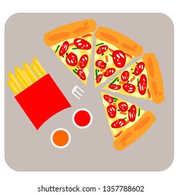 The Vector of Pizza on top with ham, crab stick, bell pepper and French Fries or Chips with Tomato Ketchup and Chilli Sauce 