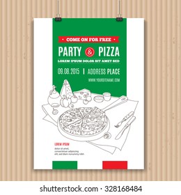 Vector pizza party invitation. Modern hand drawn style for cafe, restaurant, pizzeria. Perfect design concept with fresh pizza, cheese, olive oil, cooking tools, garlic, tomato, vegetables and Basil.