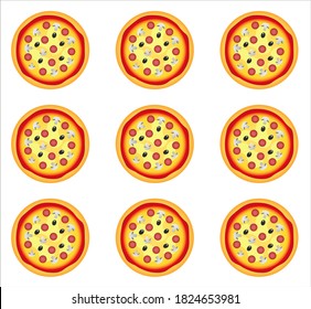Vector pizza pattern, food background. Pizza texture. Food template. Pattern design. Pizza icon. Meal ornament. Delivery food. Pizza background. Italy meal. Cafe icon. Restaurant menu. Baked food. Eat