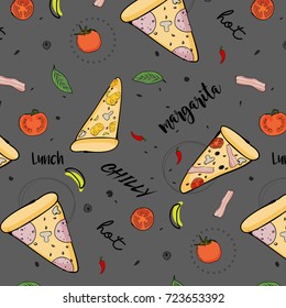 Vector pizza pattern. Italian food cartoon illustration. Backed lunch with mushrooms, paper, mozzarella, sause. Restaurant contemporary decoration. Tasty snack