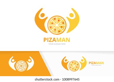 Vector pizza and people logo combination. Food and family symbol or icon. Unique pizzeria and union, help, connect, team logotype design template.