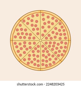 Vector pizza with pepperoni toppings, eight slices, divider cutting lines and yellow cheese background.