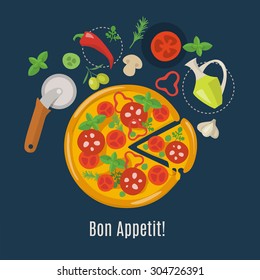 Vector pizza poster. Pizza infographic. Pizza ingredients. 