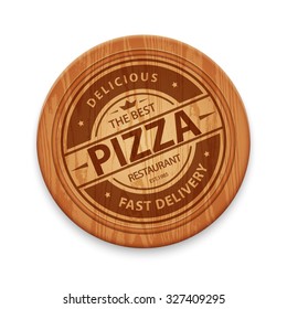 Vector pizza restaurant logo on wooden cutting board, isolated on white background