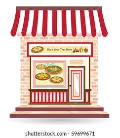 vector of pizza restaurant with signs on door and in front, ready for your text