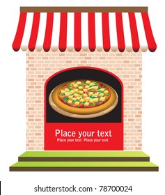 vector of pizza restaurant with signs on door and in front, ready for your text. vector illustration.