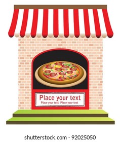 vector of pizza restaurant with signs on door and in front, ready for your text